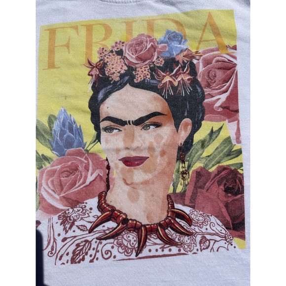 Frida Kahls Shirt Medium White Face  Floral Graphic Spell out Short Sleeve Women - Picture 4 of 8